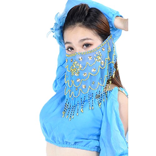 Calcifer Velo de danza del vientre tribal con cuentas y flor de ciruelo indio velo de danza accesorio para disfraz (azul cielo)