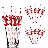 Lobster Paper Straws Decor-24 Pack of Crawfish Birthday Party or Christmas Paper Straws Supplies-Red and White Disposable Striped Paper Decorative Drinking Straws for Seafood Party Decorations