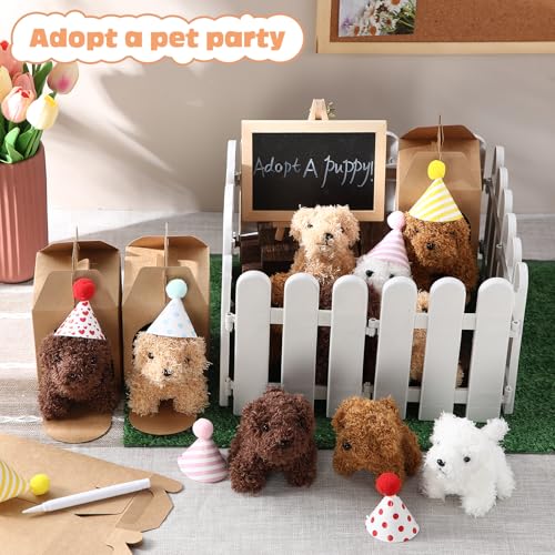 56Pcs Adopt A Puppy Party Favors Mini Plush Stuffed Animals Set Includes 14 Mini Dogs, Birthday Hats, White Plastic Fence with Artificial Lawn for Adopt A Pet Theme Birthday Party