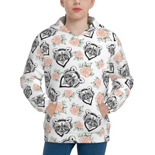 Raccoon and Flower Kids Pullover Hoodies Boys Sweatshirts Girls Athletic Clothes with Pocket