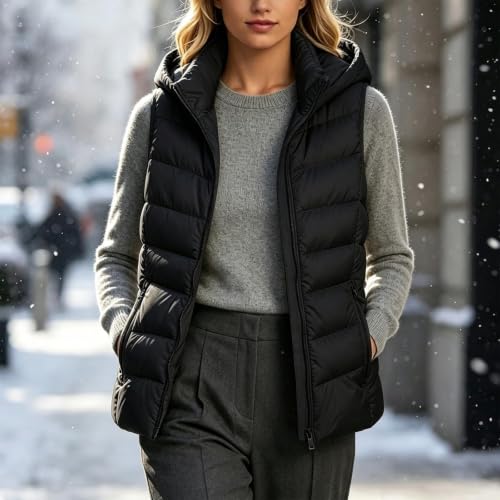 Puffer Vest Women Lightweight Quilted Sleeveless Zip Up Hooded Jacket Black - image 2