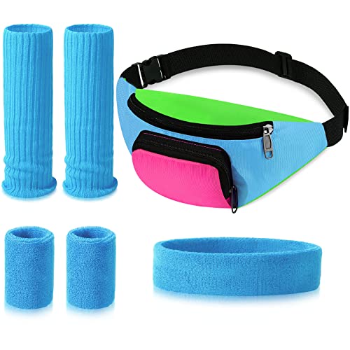 Xuniea 6 Pcs 80s 90s Workout Costumes Neon Leg Warmers Headband Wristbands Fanny Pack for 80s 90s Theme Carnival Party(Blue)