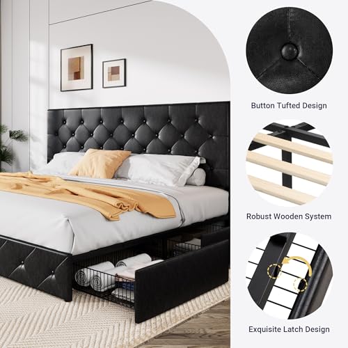 Image of Allewie King Size Black Metal Faux Leather Platform Bed Frame with 4 Drawers