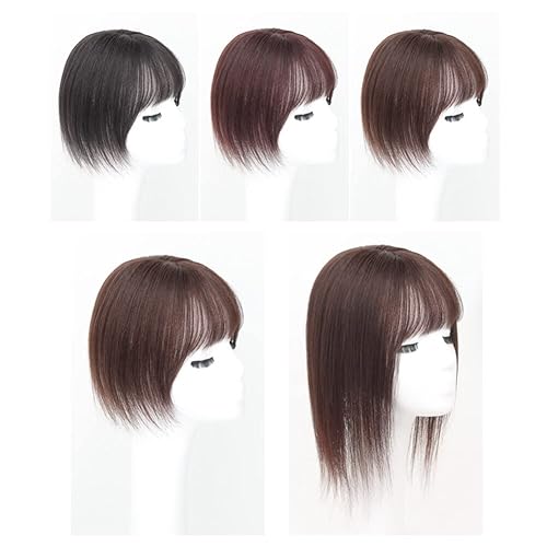 Miniatura 9 de Parte media parte de seda parte base cabello humano Topper 2.8x3.9 in frente recto clip en postizo con flecos ondulados 11.8 in negro apagado