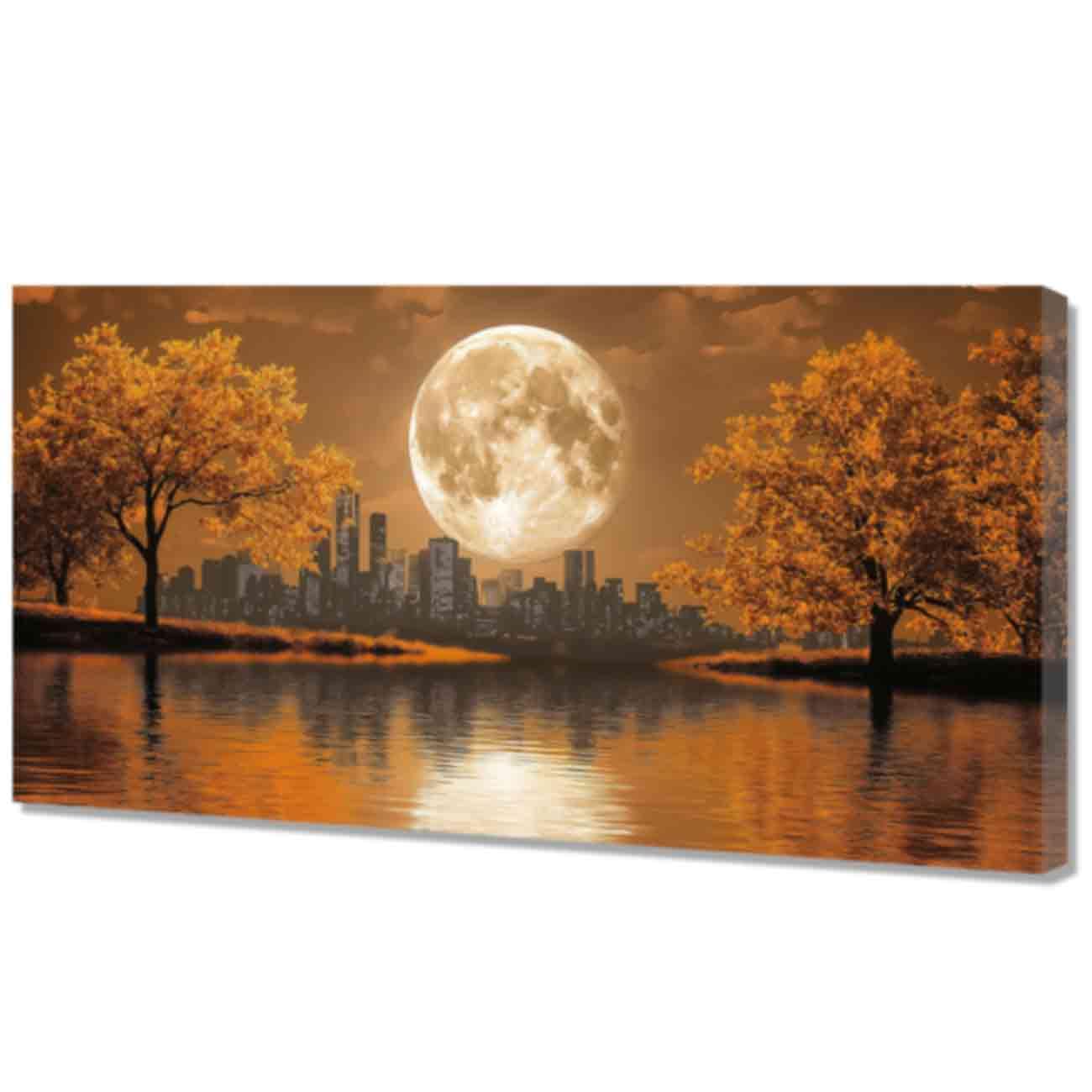 LMYSXAOZ Moon Tree Canvas Wall Art Blue Night Ocean Scenery Picture Pink Cherry Trees Painting Prints Modern Artwork Decor (Orange,40x80cm)