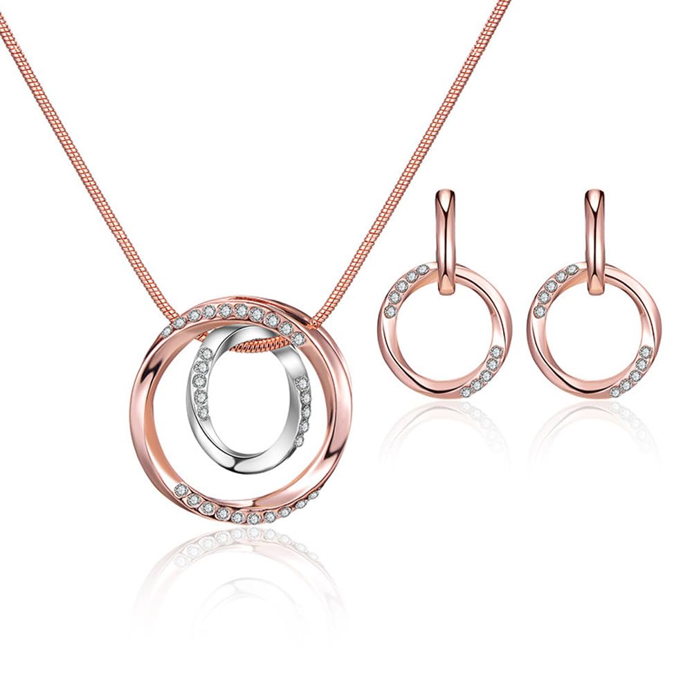 QKEPCY Conjuntos de Joyas para Mujer y Niñas Doble Círculo Colgante Collar Fiesta Boda Nupcial Dama de Honor Pendientes para Mujer y Niña