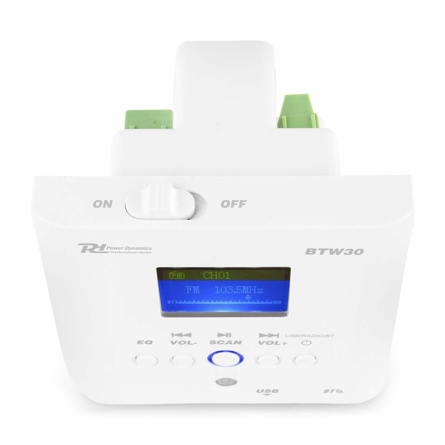 Power Dynamics BTW30 - Sistema de Audio de Pared, 2X 15 vatios, Blanco, fácil instalación, Sistema de Sonido Profesional, música Ambiental, sintonizador FM y Puerto USB, Amplificador de Clase D | Transmisión de sonido estable para música de ambiente y son