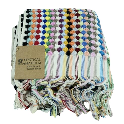 mysticalanatolia 100% Organic Turkish Cotton Hand Towel 20x35 Lightweight Quick Dry Absorbent Soft Decorative Bathroom Kitchen Travel Gym Pompom Multi Color