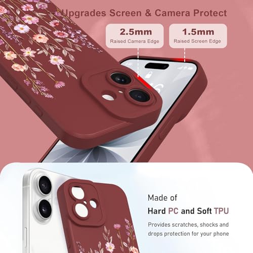 Image of Designed for iPhone 17 Case Flower for Women Girls, Wine Red | Cute Floral Pattern Liquid Silicone Phone Case [Full Camera Protection] Slim Soft TPU Protective Cover