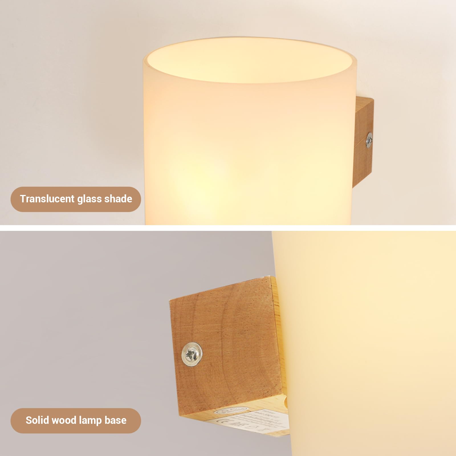 Wandleuchte Innen Holz E27, 2 Stück Wandlampe Innen mit Glas Lampenschirm, Moderne Holz Wandbeleuchtung mit E27 Fassung für Schlafzimmer Küche Wohnzimmer Flur Treppenhaus (Ohne Glühbirne)