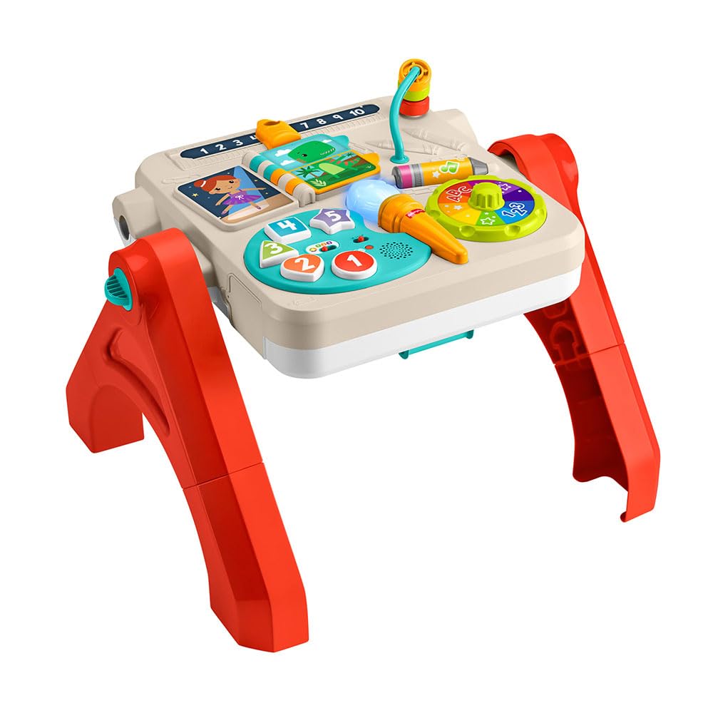 Fisher-Price Laugh & Learn Stół do ćwiczeń 4 w 1 i sztaluga artystyczna z muzyką edukacyjną dla chłopców i dziewcząt od 6 miesięcy, wersja wielojęzyczna, JGW89