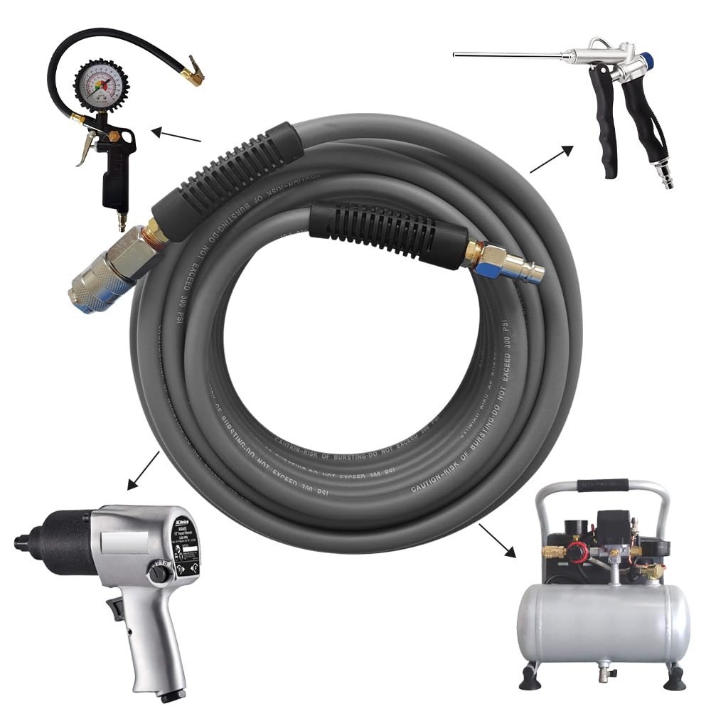 Tubo dell'aria ibrido in PVC/gomma grigio con attacco rapido in acciaio europeo da 1/4" e raccordi a innesto, lunghezza 15 m