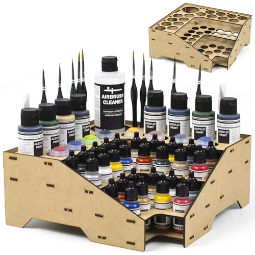 Image of PROSCALE Corner Paint Rack Organizer, Art desk Corner Paint Stand holder for Miniature & Model Paints + Brush /Tool Slots, 26 36mm Holes Compatible with Vallejo, Army Painter, AK (Module C)