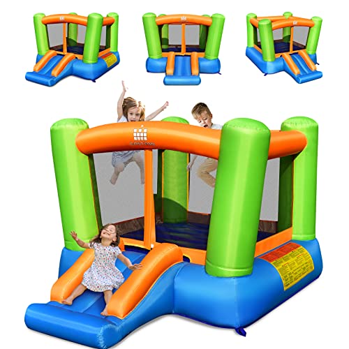 COSTWAY 2 en 1 Château Gonflable en Forme de Colonne avec Toboggan Large, Parc Gonflable Enfants avec Zone de Saut, Trampoline Intérieur Extérieur de 3-10 Ans, 250 x 197 x 143 cm (sans Gonfleur)…
