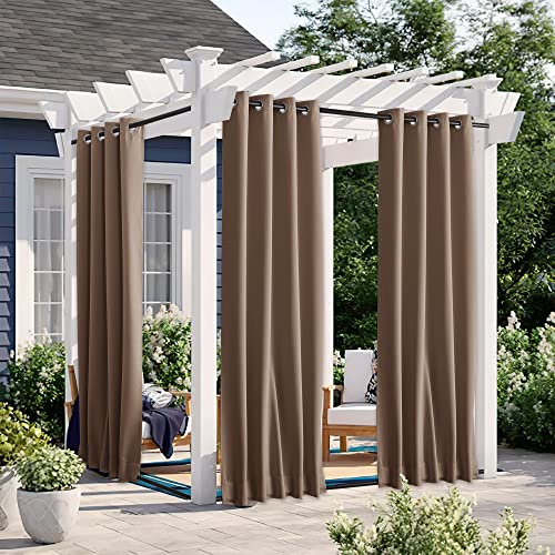 NICETOWN 2 Panels Outdoor Curtains for Patio Waterproof Top & Bottom Grommet & Back Tab, Blackout Outdoor Drapes with Rope for Fixed Windproof Privacy Sun Blocking for Porch, W46 x L90, Tan-