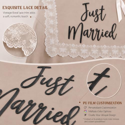 Image of Just Married Wedding Table Runner with Lace Trim, Handmade Sweetheart Head Table Banner Just Married Lace Sign for Wedding Reception Car Event Bridal Shower Home Bar Party