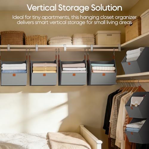 Image of Homsorout Collapsible Hanging Closet Organizer - 3 Tier Closet Shelves Storage System with Hooks, Fabric Hanging Storage Bins for Clothes, Foldable Storage Basket for Laundry, Bedroom, Rv, Grey