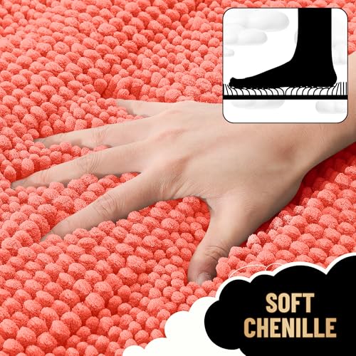 Image of OLANLY Thick Bathroom Runner Rugs 47x17, Extra Absorbent Chenille Striped Bath Rugs, Rubber Backing, Machine Wash Dry, Long Bath Mats for Bathroom Floor, Tub and Shower, Home Decor Accessories, Coral