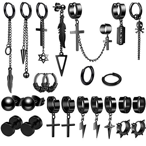 24Pcs Edelstahl Ohrringe Herren Punk Creolen Anhänger Ohrstecker Ohrringe Lange Kette Feder Kreuz Anhänger Ohrringe Schwarze Kpop Huggie Ohrringe Set Cover