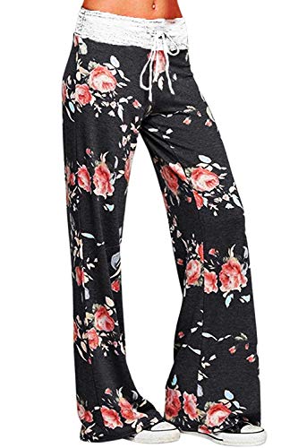 Artfish Women's Loose Baggy Yoga Palazzo Pants Floral Printed Lounge Flowy Beach Pants (25# Black Floral, 3XL)