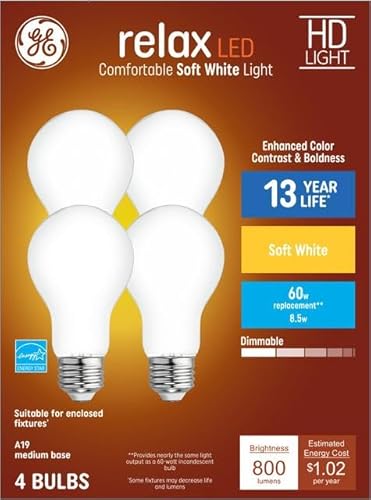 GE Relax 4-Pack 60 W Equivalent Dimmable Soft White A19 LED Light Fixture Light Bulbs
