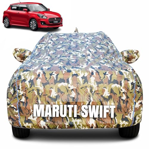 Image of 100% Waterproof Car Body Cover for Maruti Suzuki Swift (2012-2017) Mirror Pocket (Heat & UV Resistant, Triple Stitched, Soft Lining, Bottom Elastic & Piping) Camouflage, Military Print