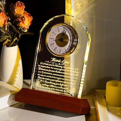 Image of Ornalrist Thank You Glass Clock Gifts for Women Men with Wooden Light Base - Appreciation Gifts for Teacher Coworker Boss Mentor Employee Home Office Desk Decor