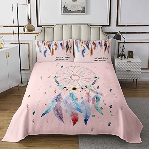 Kids Dreamcatcher Bedspread Boho Dream Catcher Quilted Coverlet for Girls Teens Bohemian Indian Hippie Feather Coverlet Set Tribal Quilted Bedroom Decor Pink 3Pcs King Size