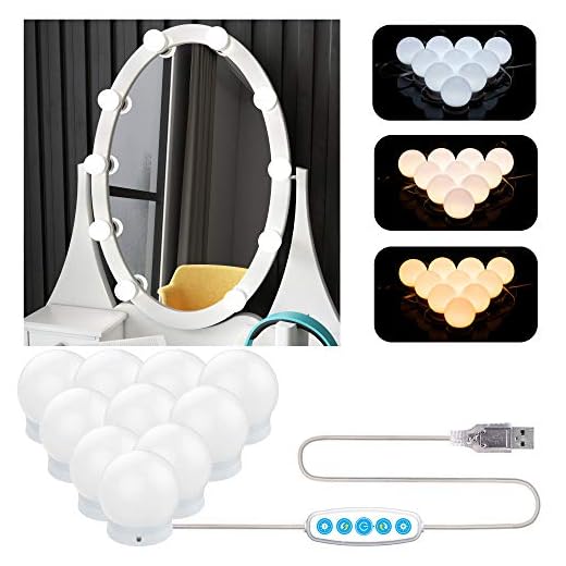 Aourow Luces de Espejo Maquillaje,Diseño de Cable USB Luz de Tocador LED con Interruptor y 10 Bombillas Regulables,5 Modos de Color y 6 Brillo (Sin Espejo y Cargador USB)