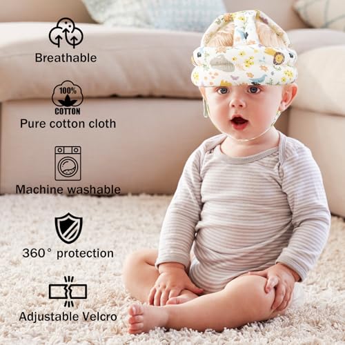 Image of Baby Head Protector Baby Helmet for Crawling Walking, No Bumps Safety Head Adjustable Protective Cap for Walking, Playing - White Animal Flower