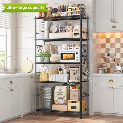 Image of 5-Storage Shelves Wire Shelving with Hooks, Metal Shelving Units Shelf Organizer, Wobble-Free Storage Rack with Adjustable Leveling Feet for Kitchen Pantry Laundry Bathroom Dorm,12 inchD x 30 inchW x 72 inchH