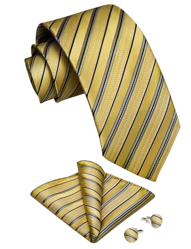 Image of DiBanGu Striped Tie Set for Men Silk Woven Plaid Necktie and Pocket Square Cufflinks Business Wedding