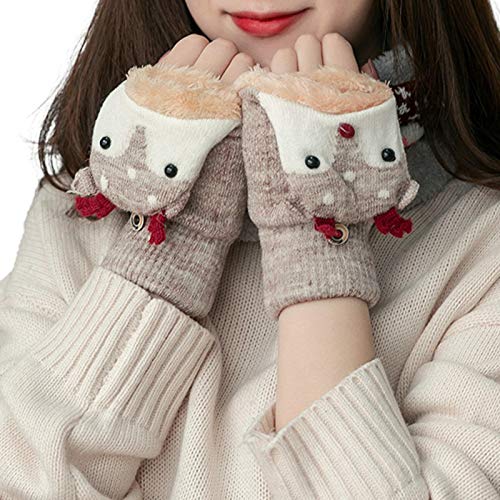 TIANLUPLAS Women's Cartoon Pattern Half Finger Gloves Warm Lining Mittens- Cozy Wool Knit Thick Gloves Novelty Mittens Winter Cold Weather Accessories-Khaki-Free Size