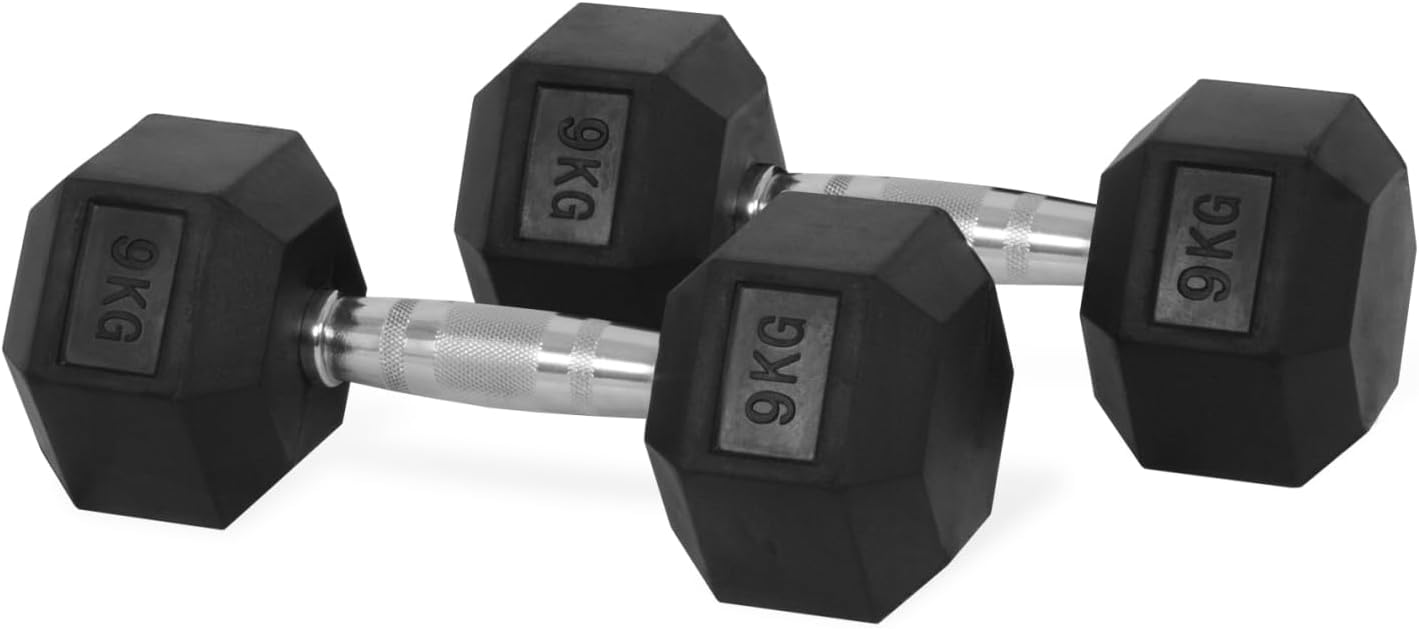 9kgs HEX Dumbbell Rubber 1piar Coated Cast Iron Hexagonal Dumbbells for Professional Exercise Premium Hand Weight Dumbbell Strength Training Equipment Full Body Workout with Workout Chart