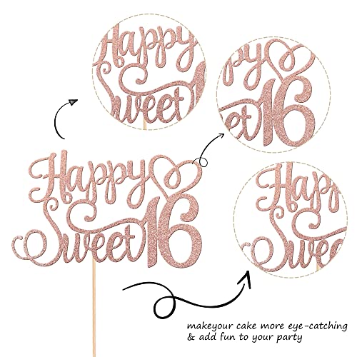 1 Pcs Happy Sweet 16 Cake Topper Glitter 16Th Birthday Cake Pick Cheers To 16 Years Birthday Cake Decoration For Happy 16Th Birthday Anniversary Party Decorations Supplies Rose Gold #TOP2