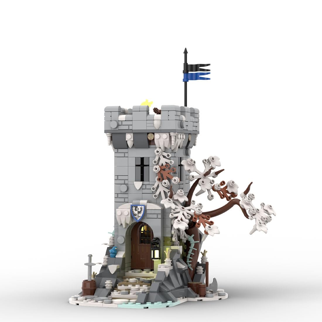 Mittelalterlicher Wachturm mit Winterthema Set, 700 Teile Klemmbausteine Mittelalterliches Architecture Burg Gebäude Set, MOC-191292
