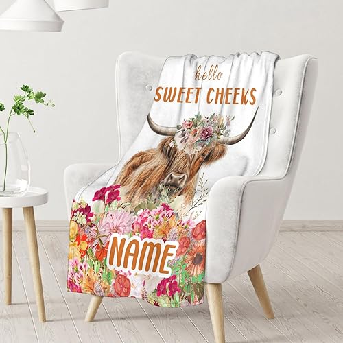Mercuryelf Custom Highland Cow Throw Blanket - Soft, Fuzzy & Warm - 50x60 Inches Flannel Blankets for Living Room, Sofa - White Novelty Throws Gift for Teens