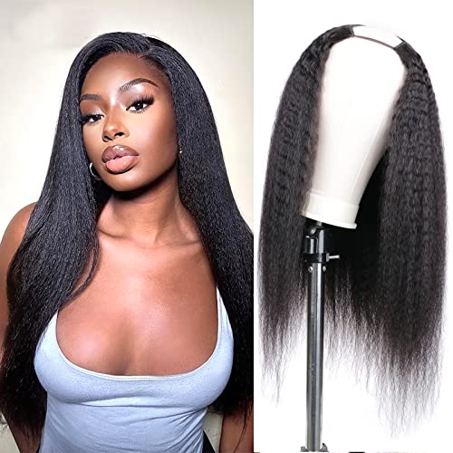 DaiMer U Part Wig Human Hair Kinky Straight Human Hair Wigs, Brazilian Glueless 2x4 Upart Yaki Straight No Sew in Glue, 150% Density Clip in Half Machine Made Wigs Natural Color 61 cm