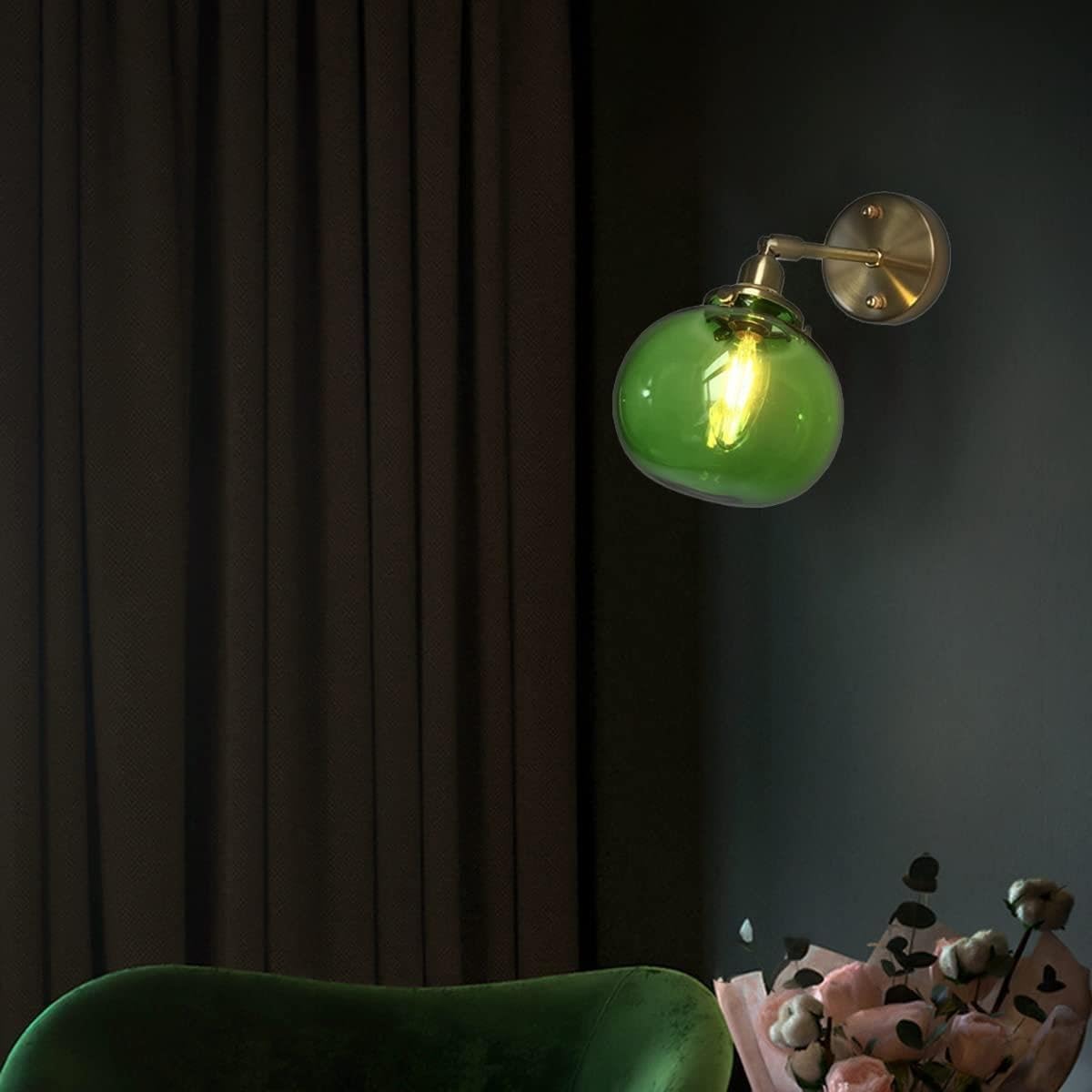Lampada da parete moderna industriale verde, applique con paralume sferico in vetro a 1 luce, illuminazione vintage for casa di campagna, ristorante, caffetteria