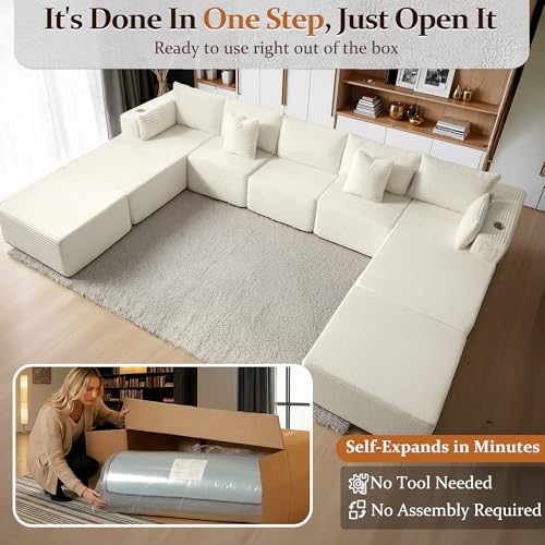 Image of 168 inch Cloud Sectional Couch, Comfort U Shaped Sofa for Living Room, Extra Deep Seats No Assembly, Minimalist Modular Couch, Corduroy (Cream, 9 Seats,U-Shape B)