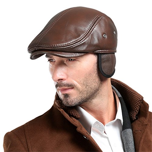 VEMOLLA Men's Real Cowhide Leather Beret Hunting Cap Beanie Trucker Cap Mens Sports Hat Ancient Brown L - Thumbnail 4