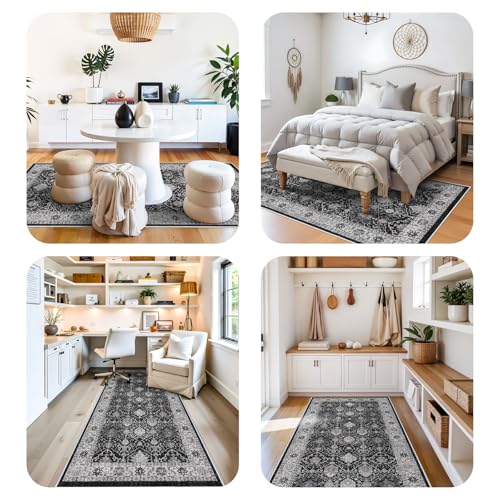 Washable 4x12 Hallway Runner Rug: Vintage Soft Carpet for Living Room Bedroom Stain Resistant Area Rug with Non-Slip Backing for Entryway Kitchen Thin Floor Mat for Bathroom Dining Room(Black,4x12)