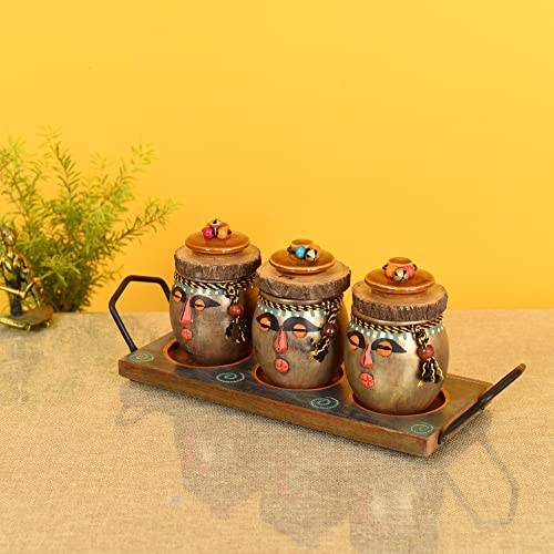 Image of AAKRITI ART CREATIONS Happy Tribals Storage Jars and Handcrafted Tray| Multicolor Abstract Art Terracotta Jars with Wooden Tray | Matte Finish Kitchen Storage Set | Jars for Dining Table & Home Decor