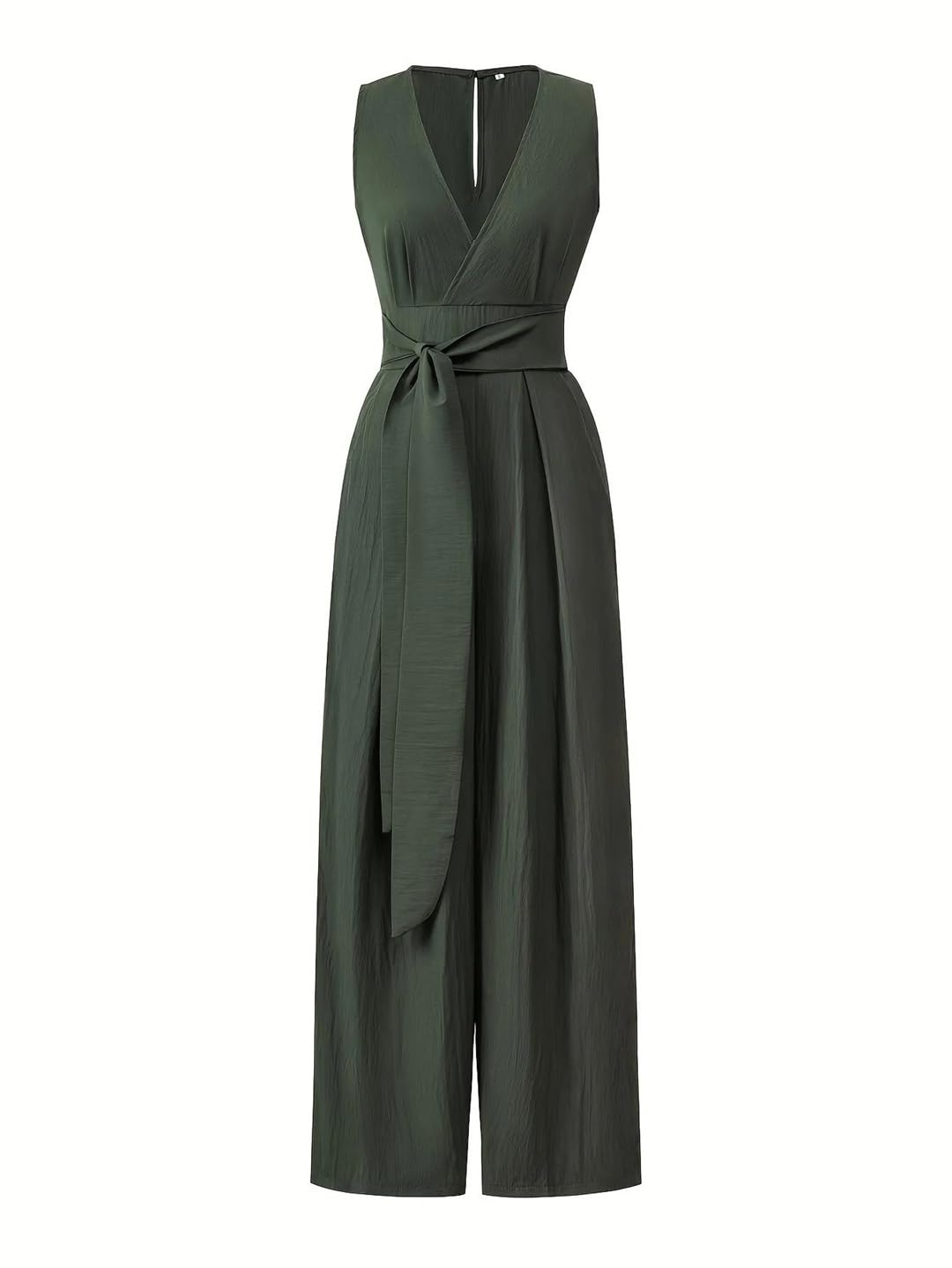 Yeuyyben Mono de pierna ancha con cuello en V para mujer, con lazo en la cintura, casual, color liso, ajuste holgado, elegante, pantalones largos