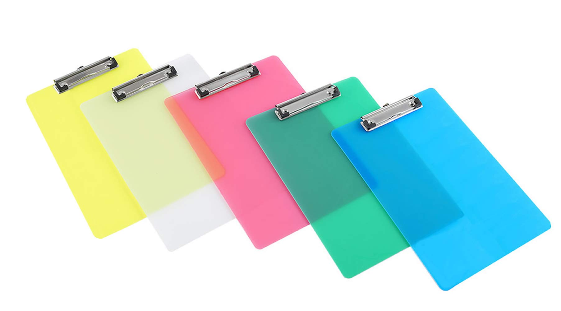 [5x] A6 Portapapeles con Pinza, abrazadera de metal recubierto de goma, Tablero de escritura A6 para el Trabajo Diario - Plástico transparente - pack de 5 con 5 colores - TKD8050
