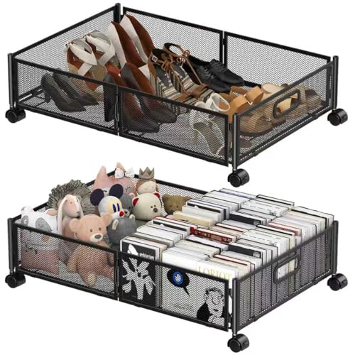 Under Bed Storage Containers,2 Pack Foldable Underbed Storage Containers with Handles and Wheels,Folding Bed Shoes Clothes Organizer,Easy Assembly Underbed Storage for Toy ,Bedding,Bedroom(Black)