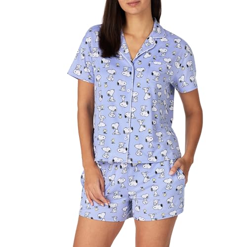 Richard Leeds International Womens Short Sleeve Button-Down Pajama Set Peanuts Snoopy Large Blue Snoopy