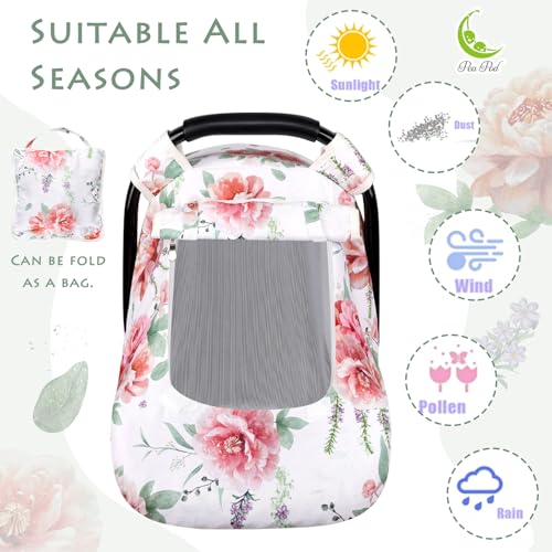 Image of Baby Carseat Cover Girls, Pea Pod Floral Infant Car Seat Covers Canopy for Newborn with 2 Layers Windows of Breathable Mesh /Fabric, Lightweight Polyester /Minky Dot Backing, Snug Fit Most Baby Car Seat