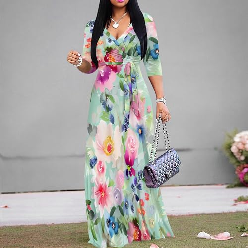 Image of PinkPatty Women's Print Maxi Dresses 3 /4 Sleeve Flowy Long Dress V Neck Wrap Tie Waist Sundress