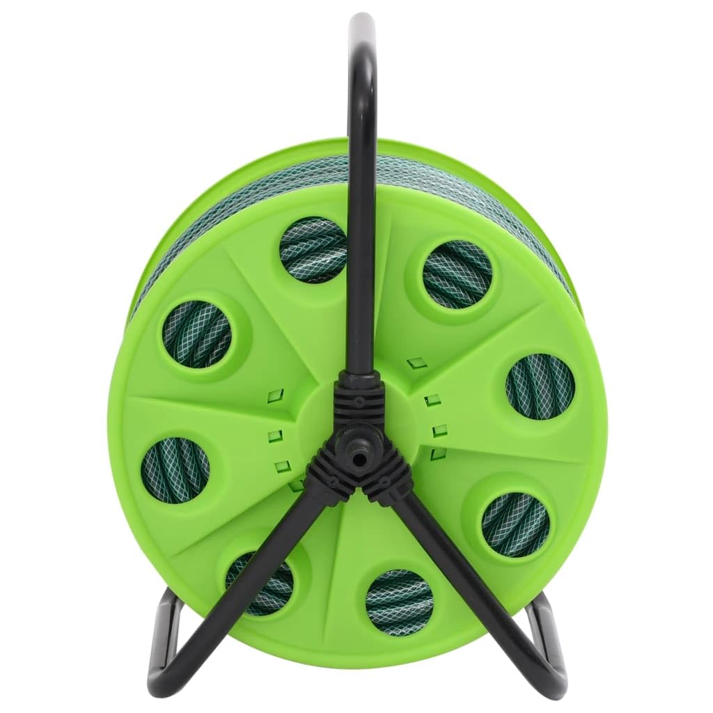 Carrete de manguera de pie verde con manguera de PVC de 20 m, acero galvanizado, compacto y ahorra espacio, incluye acoplamientos rápidos, ideal para jardín, riego, terraza, balcón, césped